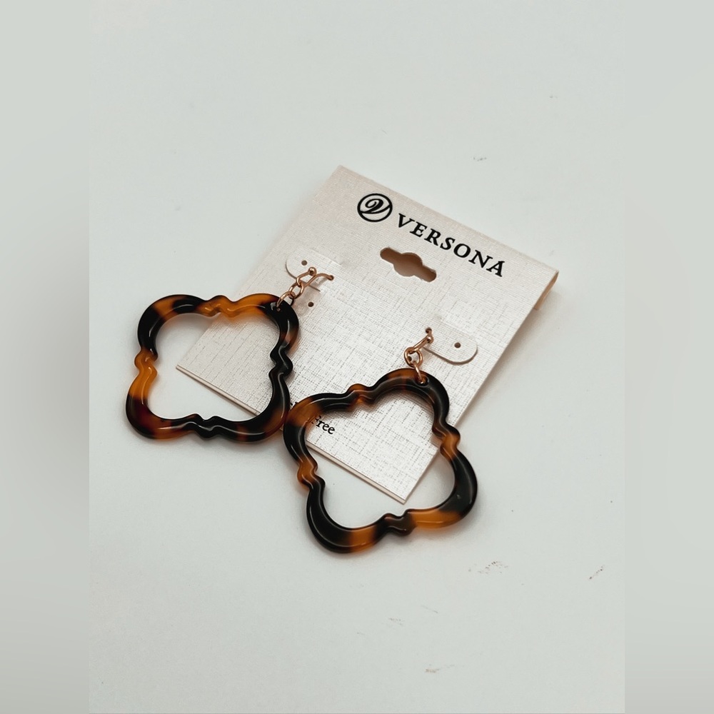 New Gold and Brown Marble Dangle Rounded Hoop Earrings Nickle Free - Picture 3 of 4